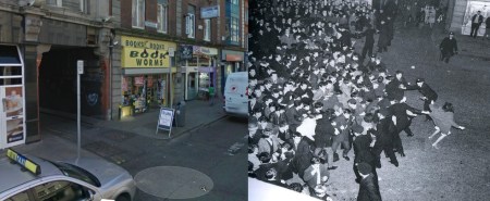 Gardaí hold the crowd back at the top of Middle Abbey St. (The Beatles, 1963)